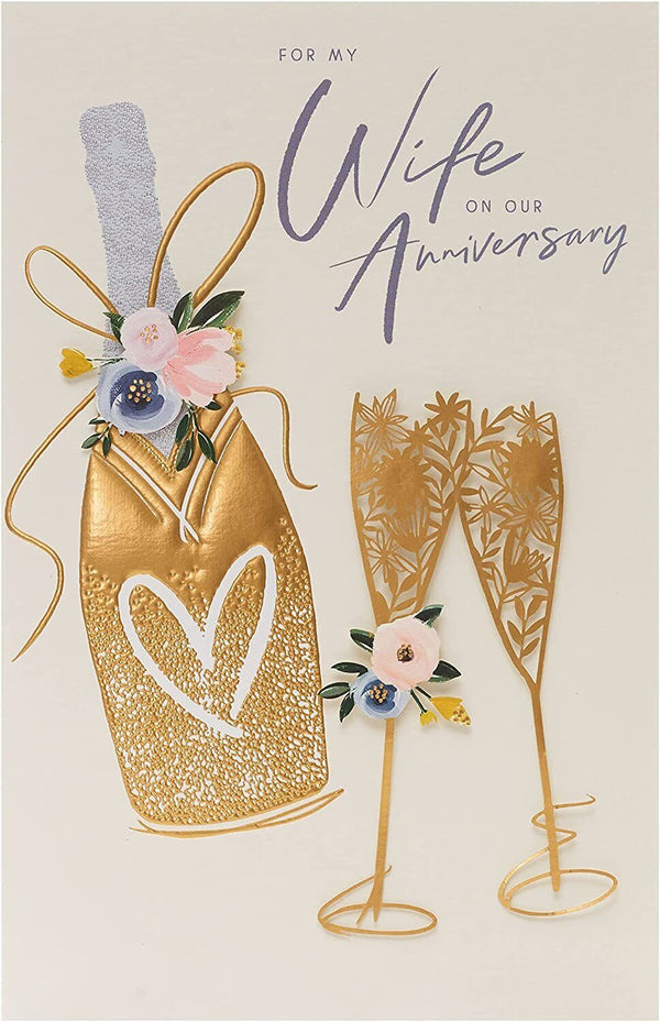 Contemporary Wife Bliss Anniversary Greeting Card by UK Greetings featuring elegant floral design and heartfelt message inside.
