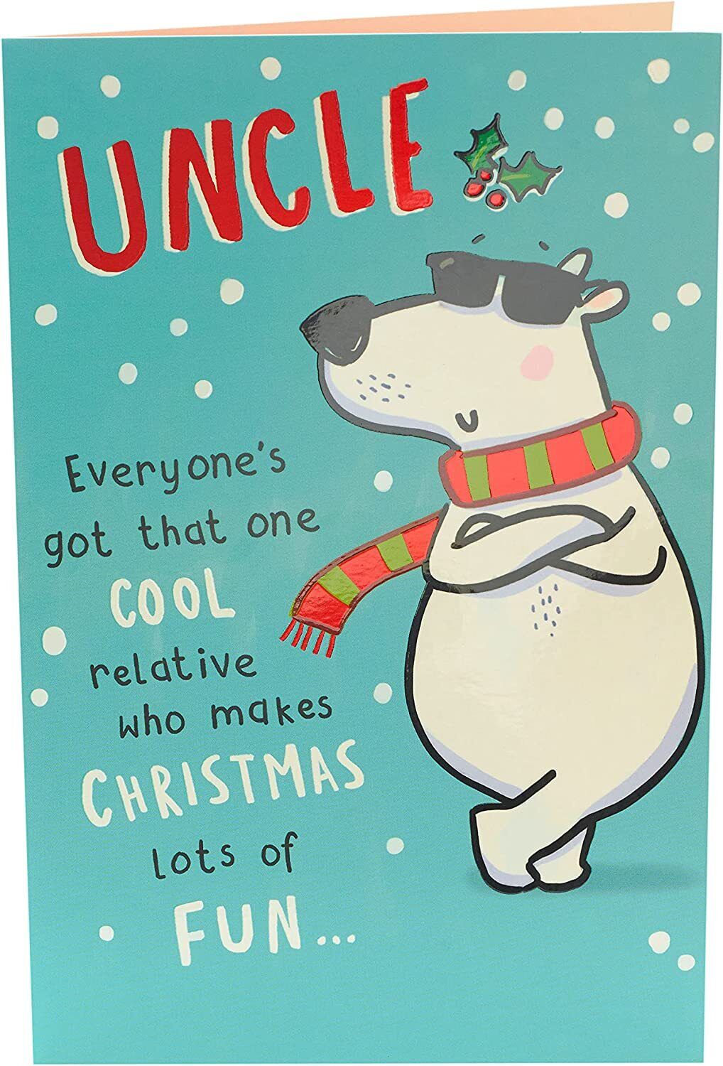Funny Christmas greeting card featuring a cool uncle polar bear illustration from UK Greetings.