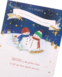 Cozy Snowman Hugs Christmas greeting card for grandson from UK Greetings featuring a festive snowman illustration.