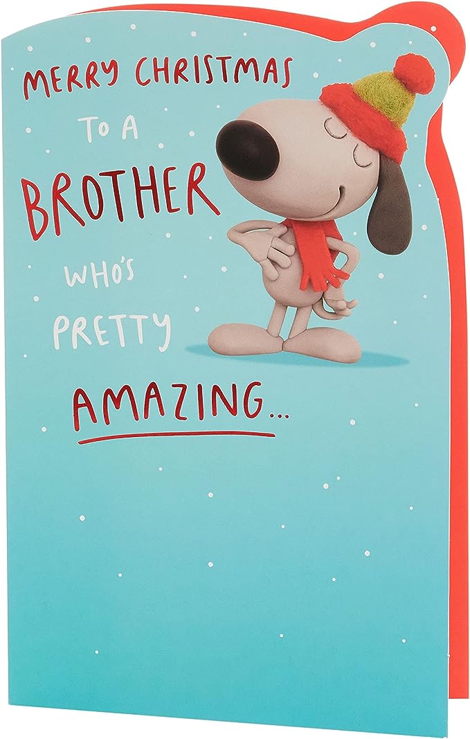 Humorous Christmas greeting card featuring crackers and a brother, with festive red foil accents from UK Greetings.