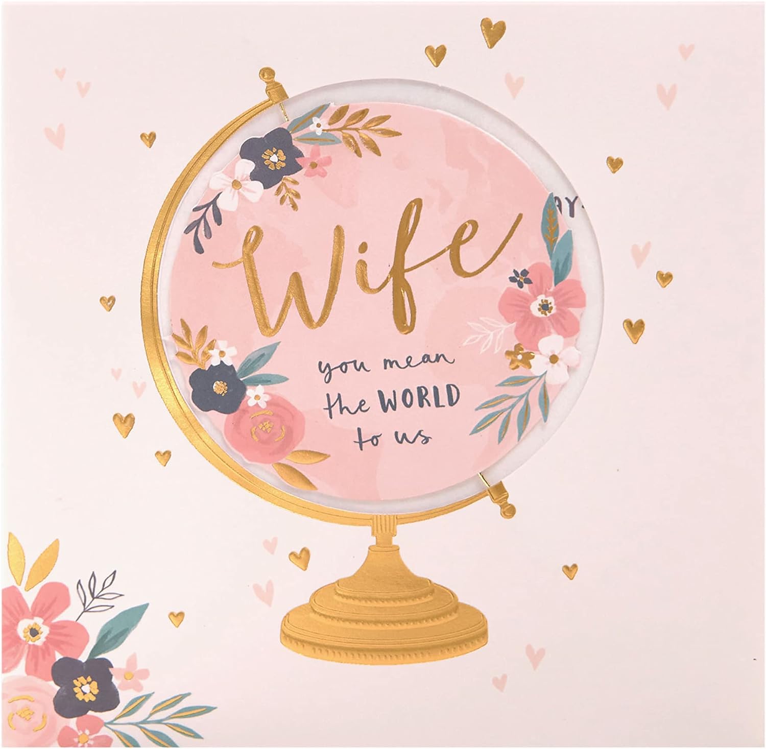 Cut-out globe-themed Mother's Day greeting card for wife with envelope, from UK Greetings, featuring a decorative design and heartfelt message.