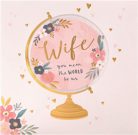 Cut-out globe-themed Mother's Day greeting card for wife with envelope, from UK Greetings, featuring a decorative design and heartfelt message.