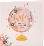 Cut-out globe-themed Mother's Day greeting card for wife with envelope, UK Greetings, featuring colorful world map design.