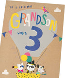 Cute 3rd birthday grandson greeting card featuring colorful illustrations, perfect for celebrating a young boy's special day.