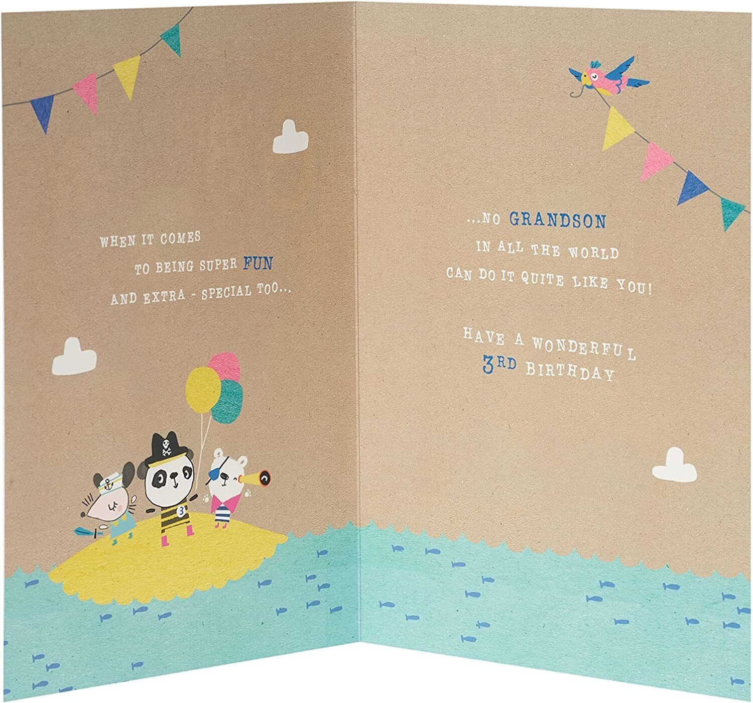 Cute 3rd birthday grandson greeting card featuring colorful designs and cheerful message from UK Greetings.