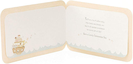 Cute animals christening greeting card featuring adorable animal illustrations, perfect for special baby blessings.