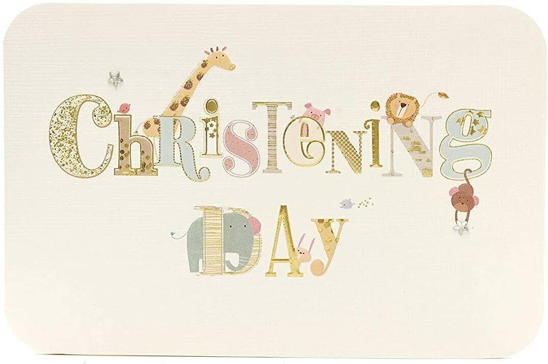 Cute animals christening greeting card featuring adorable animal illustrations on a UK Greetings card for special occasions.