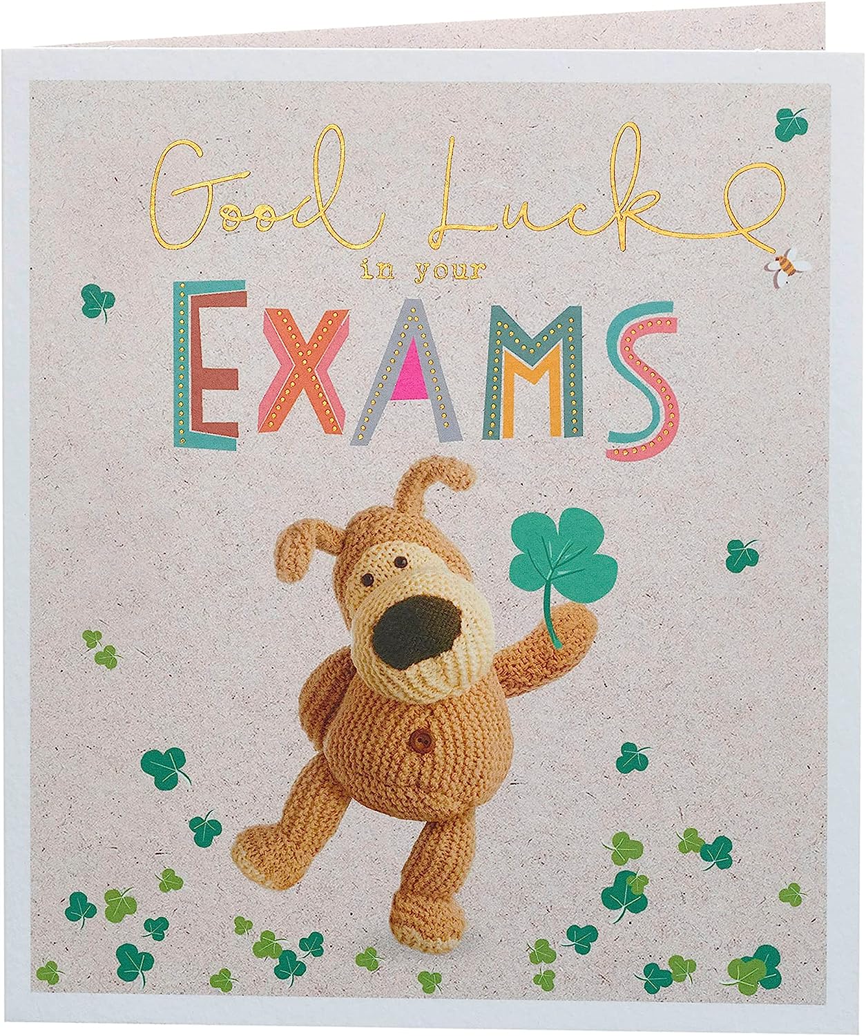 Cute Boofle Good Luck Exams greeting card from UK Greetings with adorable Boofle character and cheerful design.