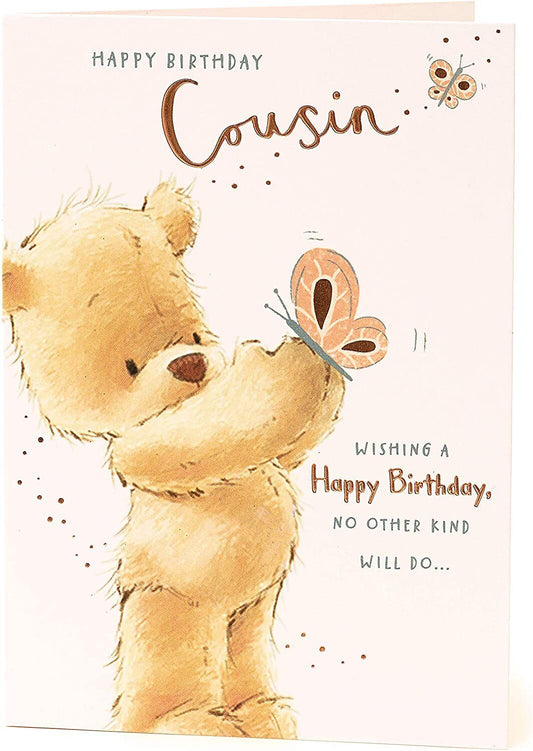 Cute Cousin birthday greeting card featuring a teddy bear and rose gold accents, perfect for celebrating special moments.