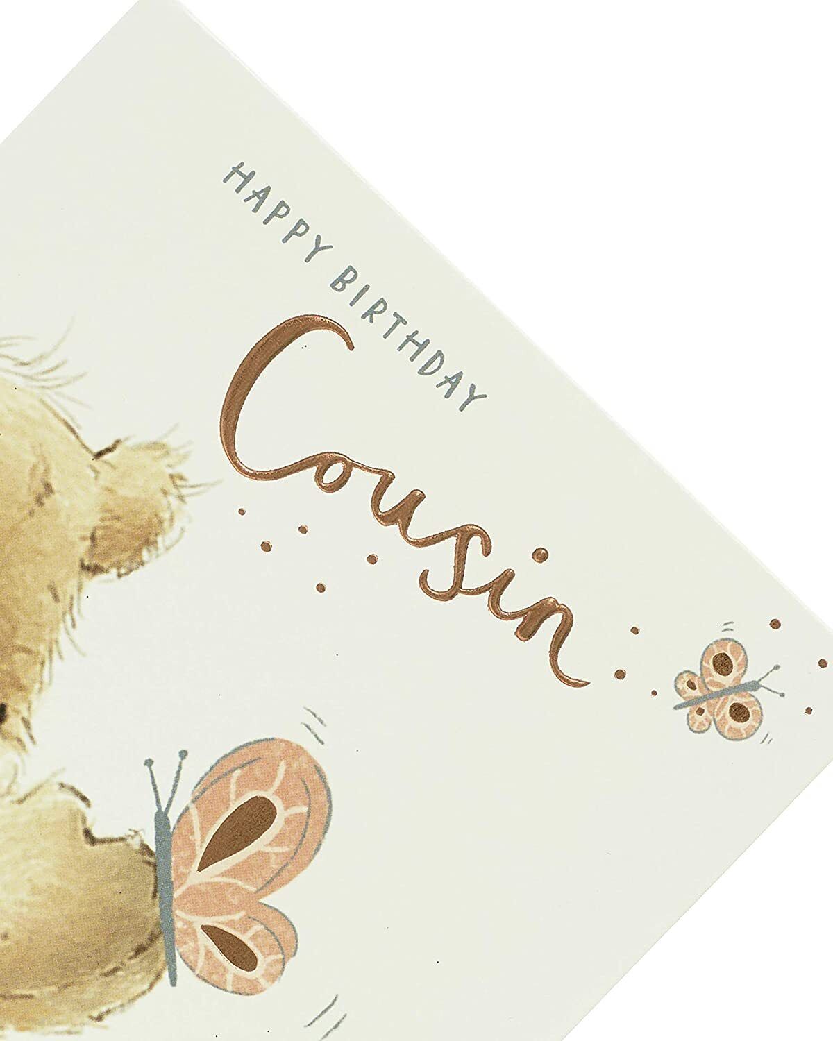 Cute teddy bear and rose gold birthday greeting card by UK Greetings, featuring adorable design for celebrating birthdays.