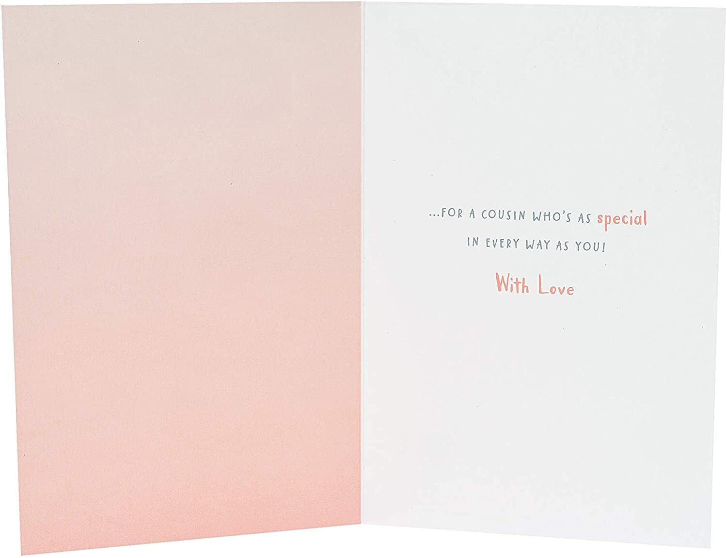 Cute Cousin birthday greeting card featuring a teddy bear and rose gold accents, perfect for celebrating special occasions.