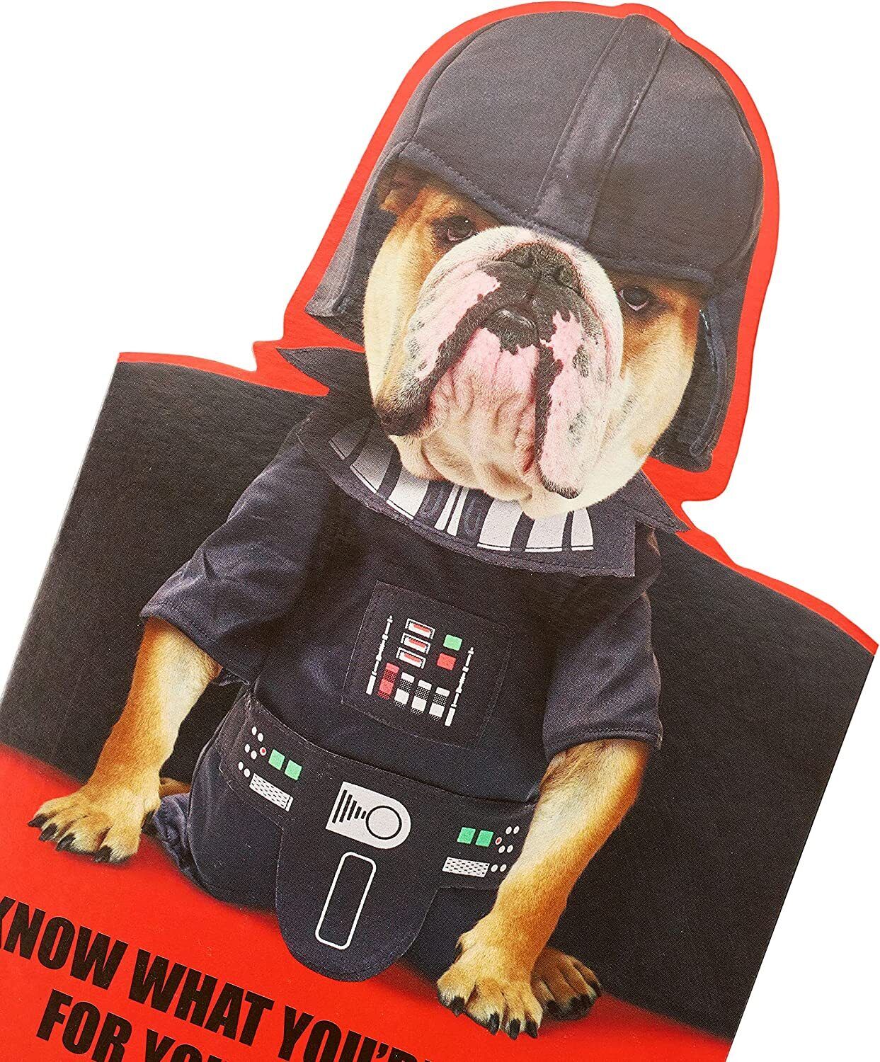 Cute Darth Vader Bulldog Star Wars birthday greeting card with cartoon illustration, ideal for Star Wars fans and dog lovers.
