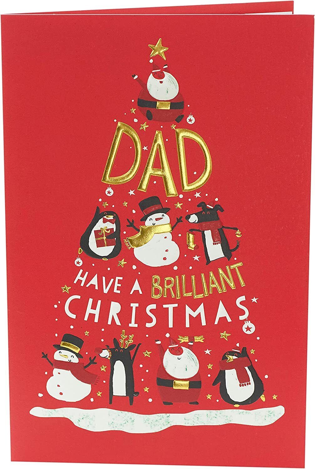 Dad Christmas card featuring festive characters and a Christmas tree design, perfect for holiday greeting celebrations.
