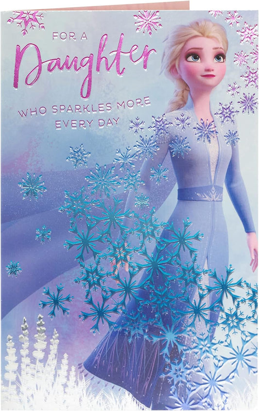 Frozen-themed daughter birthday greeting card featuring Elsa from Disney, with colorful birthday message for her.