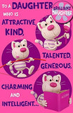 UK Greetings daughter birthday greeting card with attached badge featuring colorful, cheerful designs for celebrating her special day.