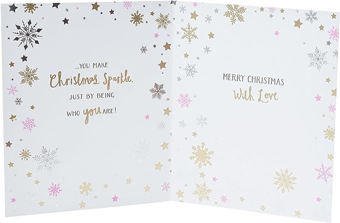 Daughter Christmas greeting card with sparkling silver foil holiday wishes and festive design, by UK Greetings.