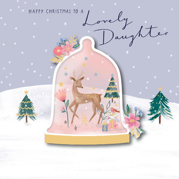 Pink Christmas greeting card featuring a daughter deer illustration inside a glass bell jar, by UK Greetings.