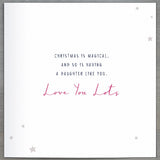Pink Christmas greeting card featuring a daughter deer inside a glass bell jar, with festive holiday design.