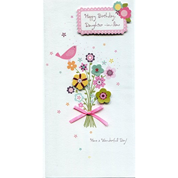 UK Greetings daughter-in-law birthday greeting card with love, featuring colorful floral design and heartfelt message inside.