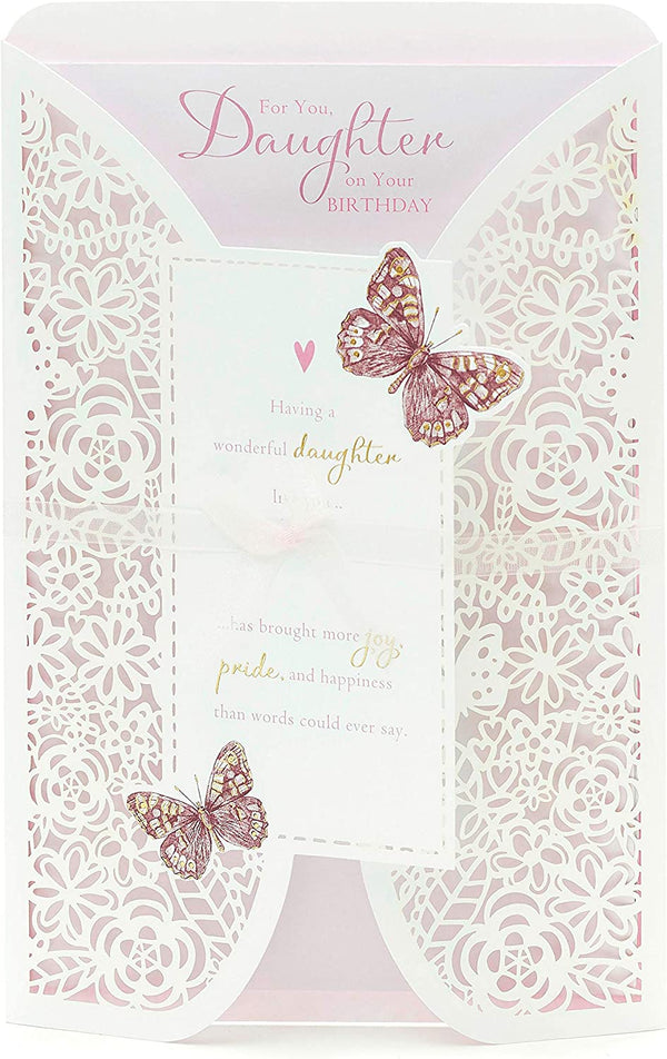 Laser cut Butterfly Elegance birthday greeting card for daughter, featuring intricate butterfly designs on white card stock.