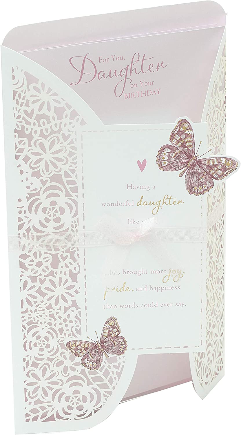 Laser cut butterfly elegance birthday greeting card for daughter by UK Greetings, featuring intricate butterfly design and heartfelt message.