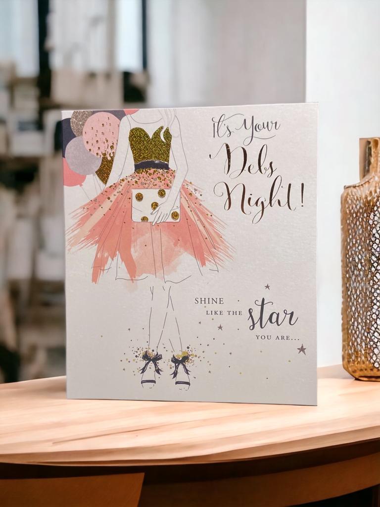 Debs Night Glitter Congratulations Card by UK Greetings featuring a sparkling design and celebratory message.