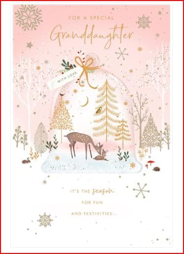 Decorative Christmas greeting card featuring a deer snow globe design, perfect for sending festive winter joy to your granddaughter.