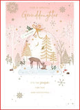 Decorative Christmas greeting card featuring a deer snow globe design, perfect for sending festive winter joy to your granddaughter.