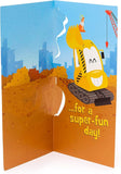 Colorful digger-shaped birthday greeting card for boys from UK Greetings, featuring playful construction vehicle design.