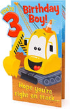 Digger-shaped 3rd birthday boy greeting card featuring a colorful construction vehicle design by UK Greetings.