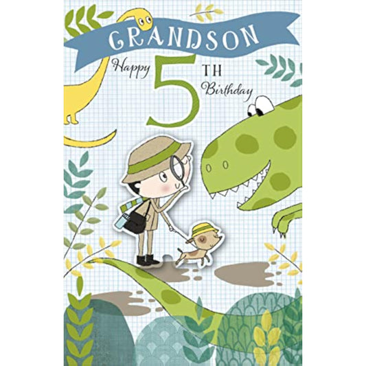 Dino Explorer Grandson 5th birthday greeting card with colorful dinosaur illustrations and playful design from UK Greetings.