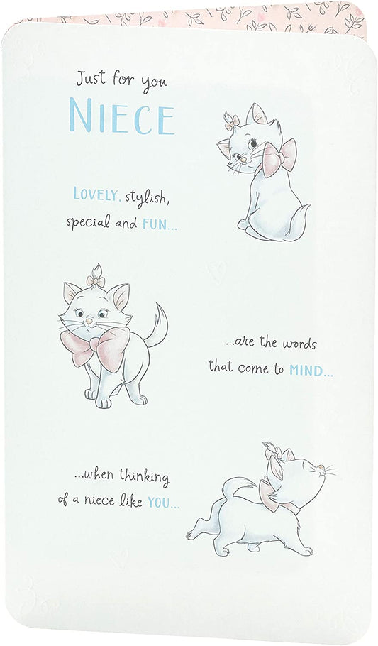 Disney Aristocats Marie birthday greeting card featuring a cute illustration of Marie from the Aristocats for nieces.