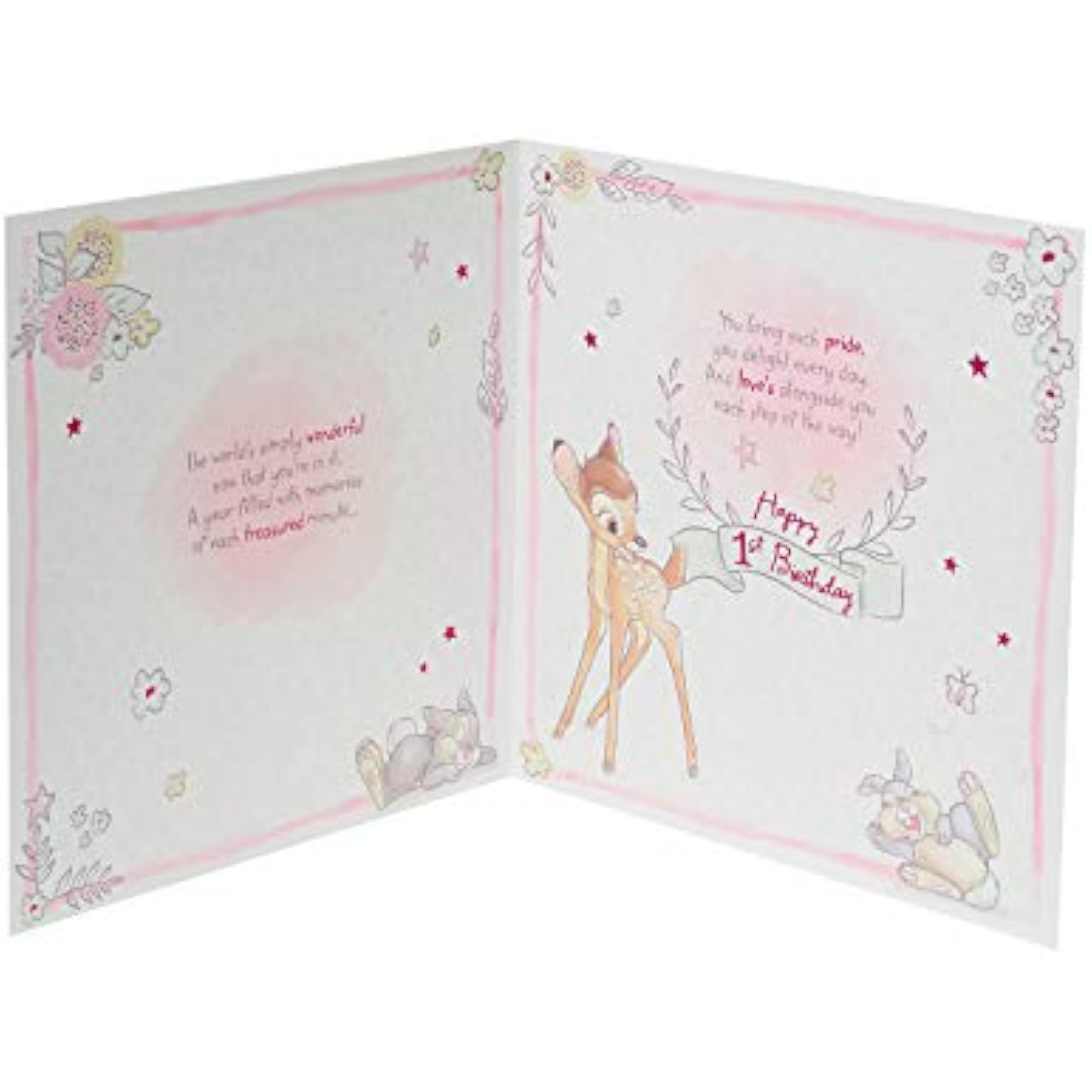 Disney Bambi Thumper first daughter birthday greeting card featuring colorful illustrations of Bambi and Thumper from UK Greetings