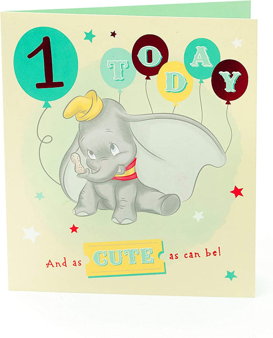 Disney Dumbo birthday greeting card by UK Greetings featuring Dumbo the elephant with birthday-themed illustrations.