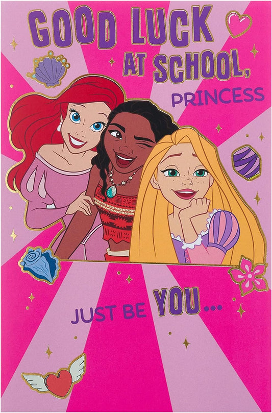 Disney girl greeting card featuring Ariel, Moana, and Rapunzel with envelope, designed for her first day at school, 137mm x 210mm.