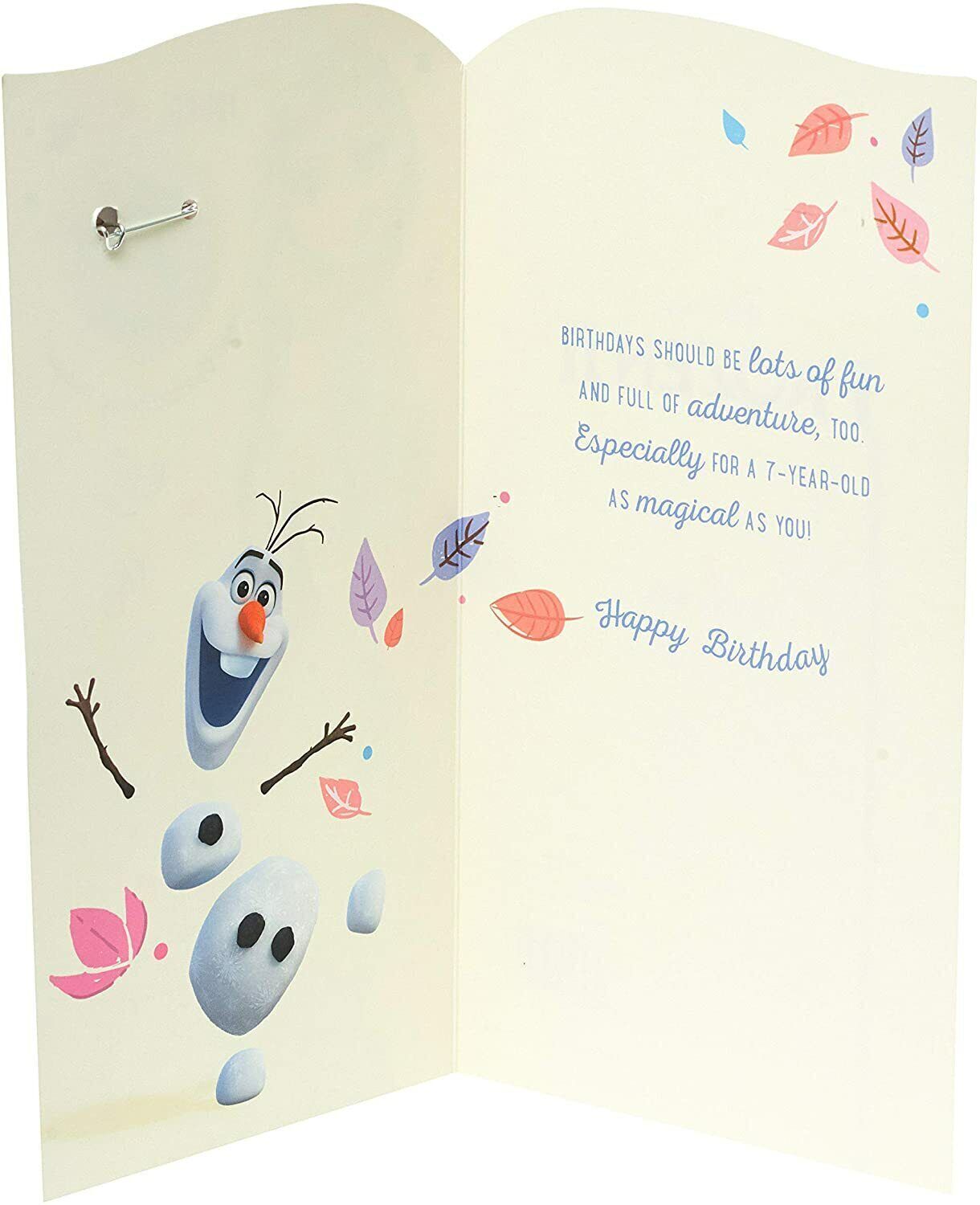 Disney Frozen Elsa birthday greeting card with badge, featuring colorful winter scene and festive design for a 7th birthday celebration.