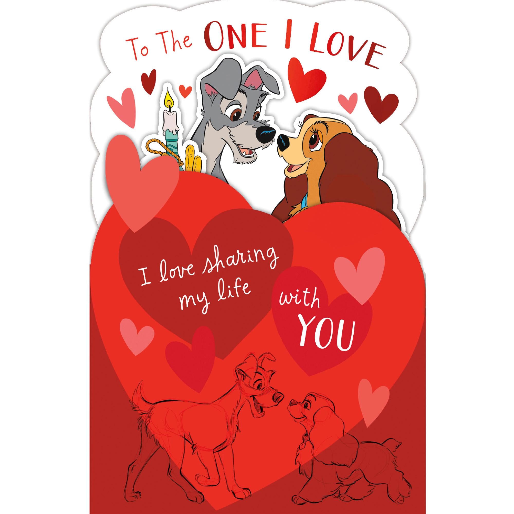 Disney Lady and the Tramp Valentine's Day greeting card by UK Greetings featuring romantic illustration from the classic animated film.