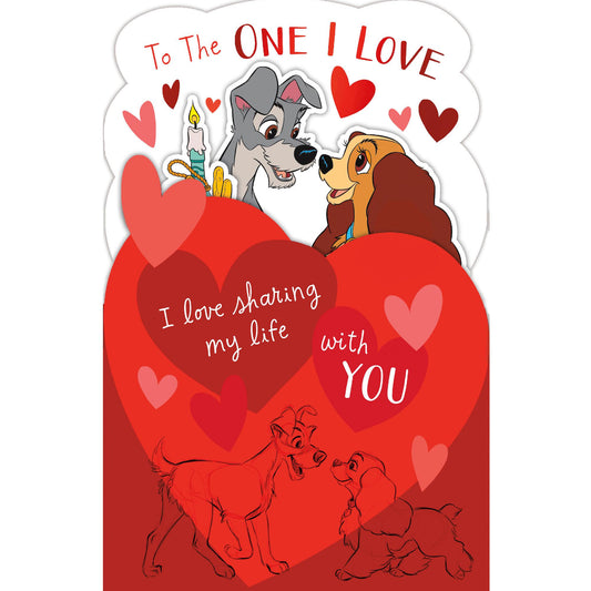 Disney Lady and the Tramp Valentine's Day greeting card by UK Greetings featuring romantic illustration from the classic animated film.