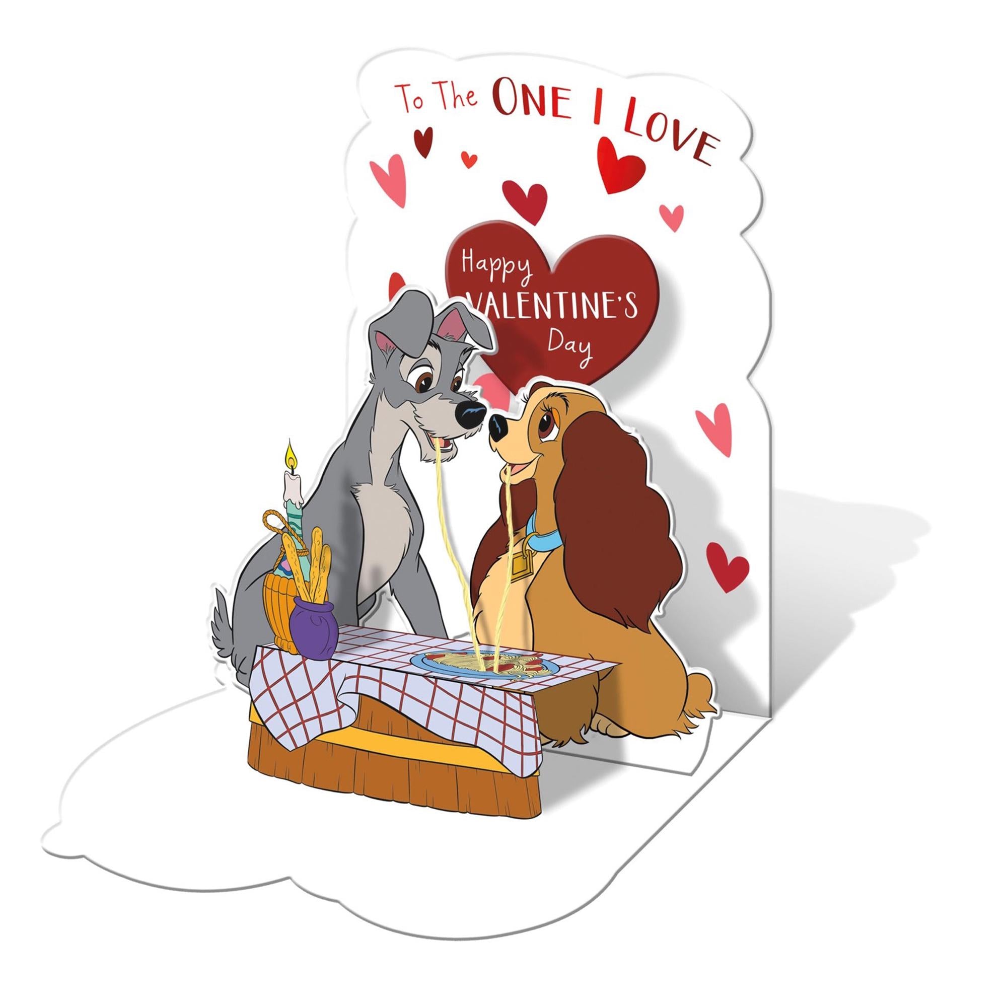Disney Lady and the Tramp Valentine's Day greeting card from UK Greetings, featuring romantic artwork of the iconic characters.