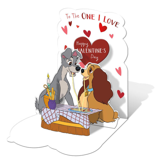 Disney Lady and the Tramp Valentine's Day greeting card from UK Greetings, featuring romantic artwork of the iconic characters.