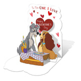 Disney Lady and the Tramp Valentine's Day greeting card from UK Greetings, featuring romantic artwork of the iconic characters.
