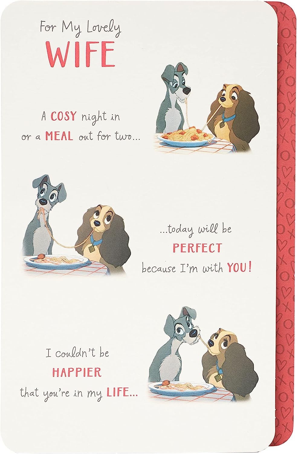 Disney Lady & The Tramp Valentine’s Day greeting card by UK Greetings featuring romantic cartoon characters on the front.