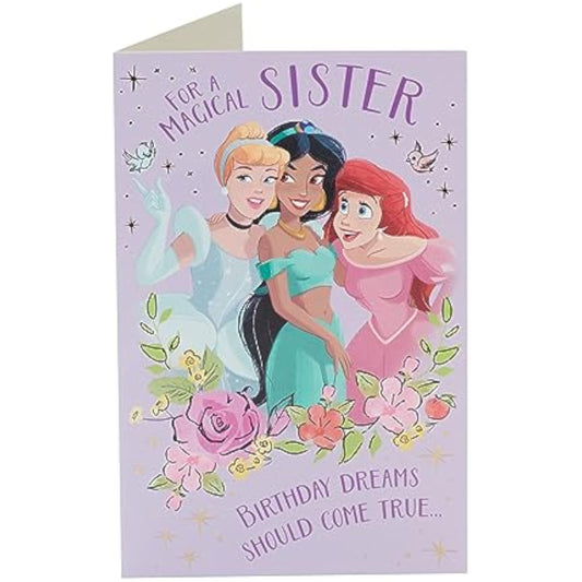 Disney Magical Princess Sister birthday greeting card from UK Greetings featuring colorful princess design and celebratory message.