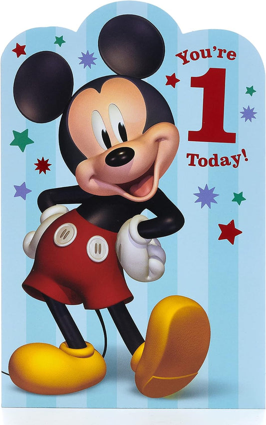 Disney Mickey Mouse 1st birthday greeting card with colorful Mickey design and festive message, UK Greetings brand.