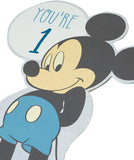 Disney Mickey Mouse die cut greeting card for baby boy's 1st birthday, featuring colorful Mickey Mouse design from UK Greetings.