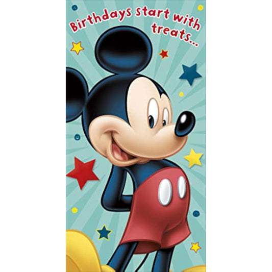 Disney Mickey Mouse greeting card featuring a birthday money wallet with treats and colorful Mickey Mouse design.