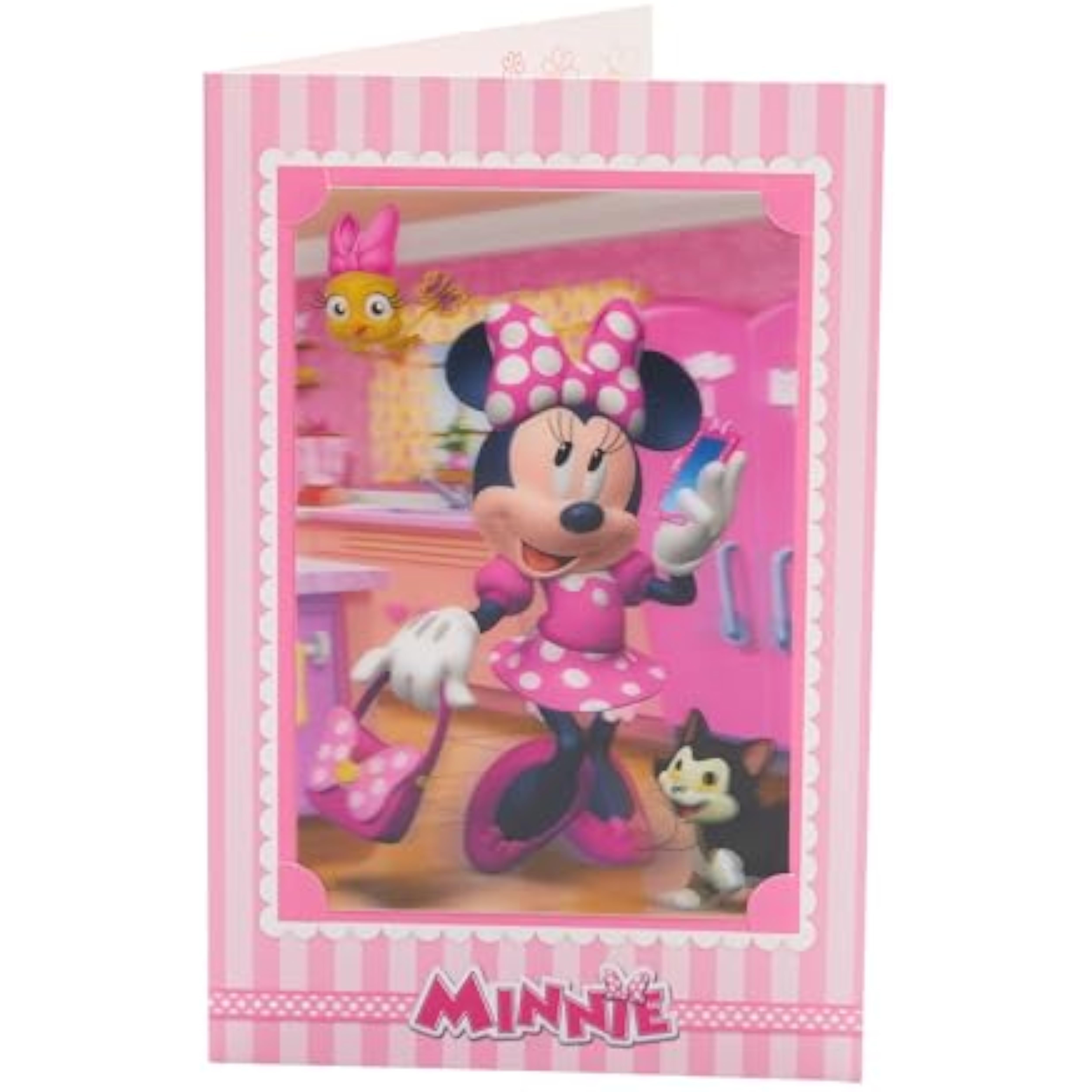 Disney Minnie Mouse 3D birthday greeting card for girls, featuring colorful Minnie design and festive elements from UK Greetings.