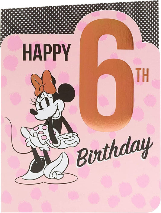 Disney Minnie Mouse 6th birthday greeting card by UK Greetings featuring Minnie Mouse in celebration theme.
