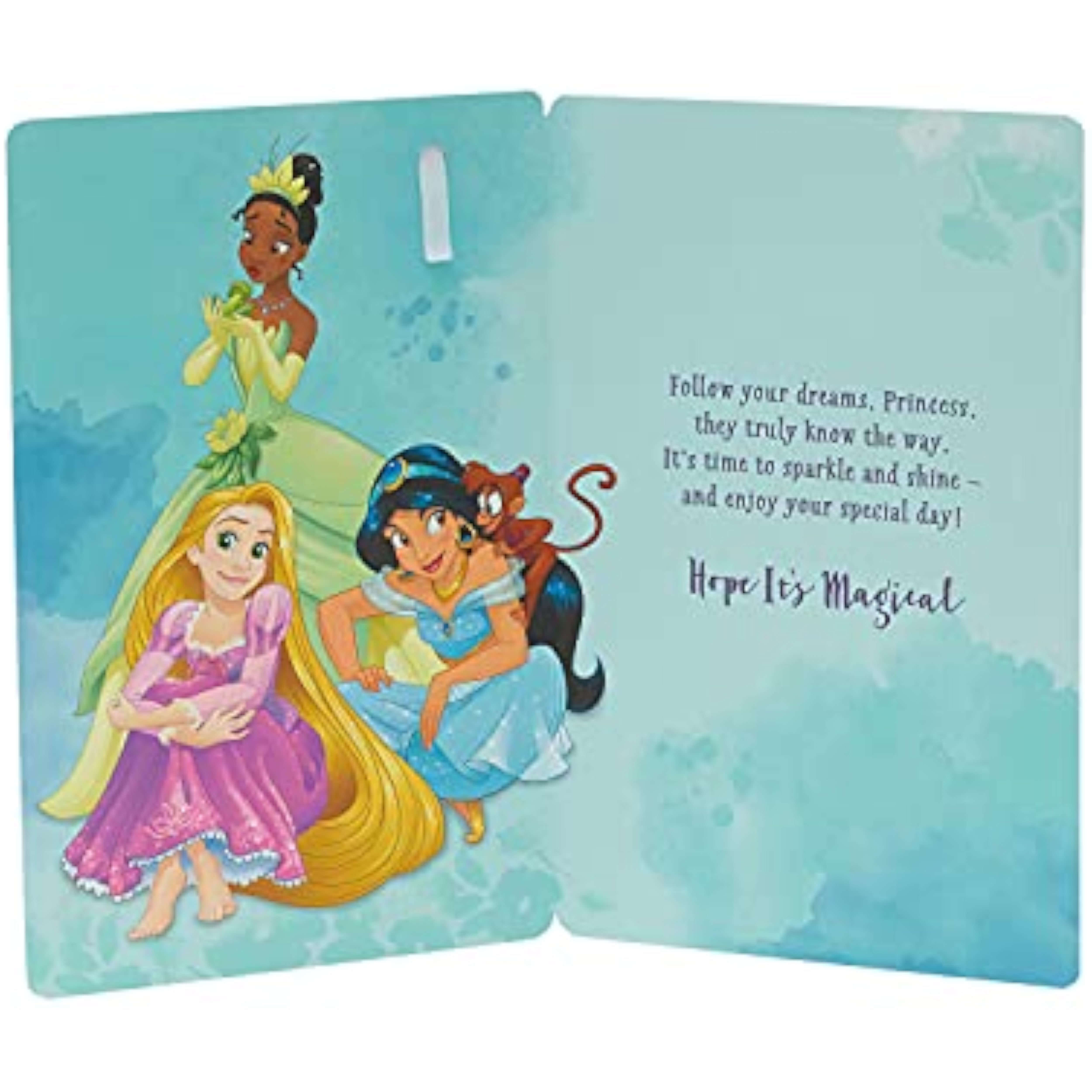 Disney Princess 5th birthday greeting card with badge, featuring colorful princess illustrations and festive design.