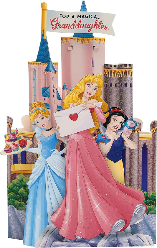 Disney Princess granddaughter greeting card featuring a castle build and stickers, perfect for celebrating special occasions.